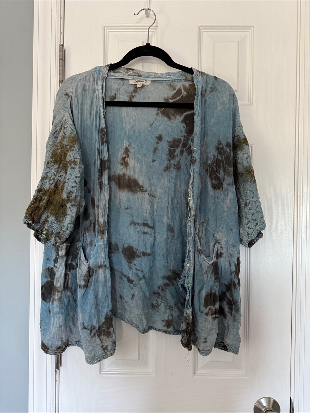 Natura Light Blue Tie-Dye Open Front Women's Top - Bohemian Layering Cardigan